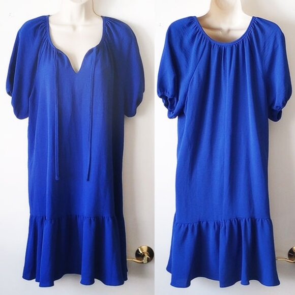 NWOT $109 DKNY Puff Sleeve Shift Peasant Dress 12 Royal Blue Knee-Length - Picture 2 of 6